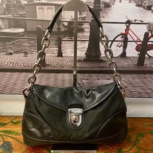 PRADA BLACK Vitello Leather and Tessuto Nylon Chain Push Lock Satchel EUC!